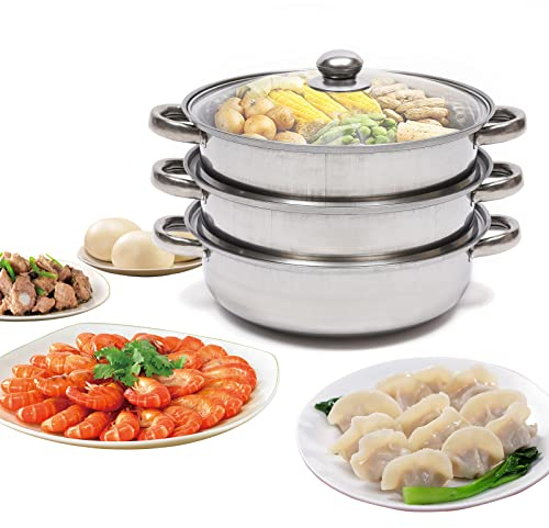 Vaporera de acero inoxidable, 28 cm, tres capas, acero inoxidable de alta calidad, olla de cuscús con tapa de cristal y dos insertos de vapor, para todo tipo de fuegos, incluso inducción, combinable