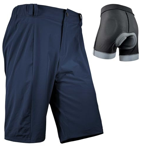 Wulibike Radhose Herren MTB Hose Kurz Fahrradhose Gepolstert 2 in 1 Mountainbike Shorts für Männer mit Polsterung Fahrrad Radfahrhose Reißverschlusstaschen Navy Blau M