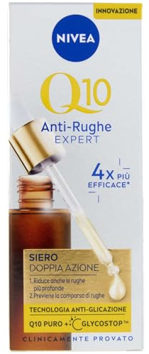 NIVEA Q10 Anti-Rughe Expert Siero Doppia Azione 30 ml, Siero viso antirughe con Coenzima Q10, Creatina e Glycostop, Skincare ad assorbimento rapido, Ideale come base make-up per tutti i tipi di pelle