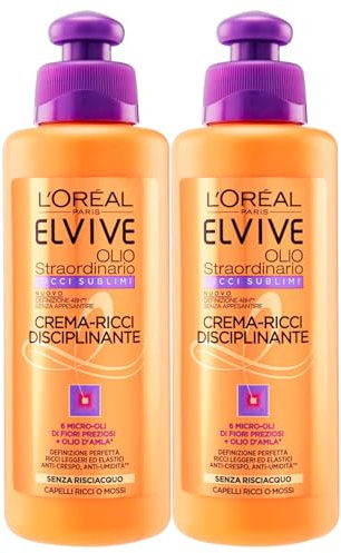 L'Oréal Paris Elvital Außergewöhnliche Öl-Locken-Disziplinierungscreme Leave-in-Creme für lockiges trockenes Haar nährender Wirkung Anti-Frizz Anti-Feuchtigkeit 48h cremiger Textur - 2 Flaschen 200ml