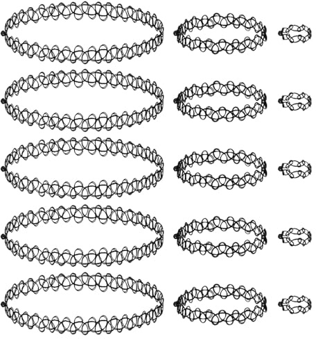 Soodyoow 15 st spetshalsband med tatueringmotiv, armband och ringset, gotiskt personligt svart elastiskt snöre, justerbart smyckeset för kvinnor och tonåringar