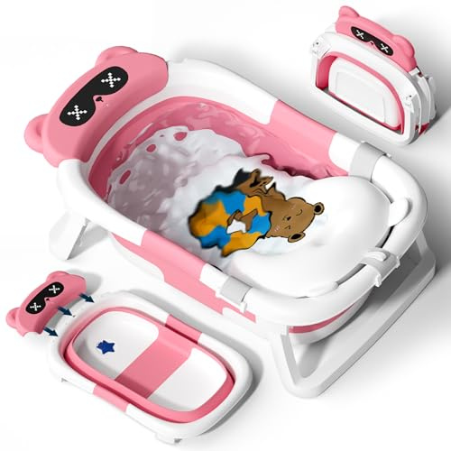 COOSEYA BañEra Plegable Bebé, Bañera Plegable Para Recién Nacido Con Cojín Suave (0-12 Meses), Regalo Ideal Para Recién Nacido De Bebé A Niño Pequeño De Viaje Portátil Ahorra Espacio, Rosa brillante