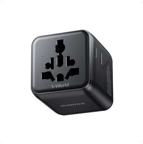 MOMAX Mini Reiseadapter Weltweit mit 2 AC-Steckosen, Universaler Stromadapter für 150+ Länder, Europa (Typ C/E/F), USA/Japan (Typ A), UK (Typ BF), Australien (O) und mehr