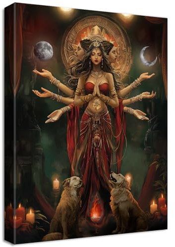 Wooden Framed Canvas Wall Art Funny Halloween Red Thousand Handed Witch Painting on Canvas Prints Poster Sun Moon Goddesses Pictures for Living Room Dining Room Bar Hallway Wall Decoration 30x40cm