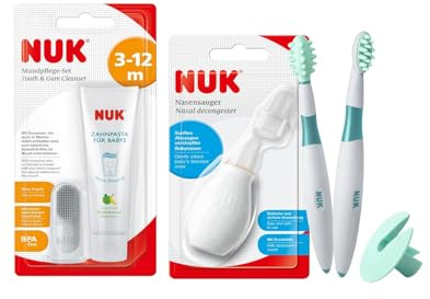 NUK Nasensauger + Zahnpflege-Lernset + Mundpflege-Set – 3-teiliges Hygiene-Set für Babys – Für Nase, Zähne & Mundpflege ab dem 1. Zahn