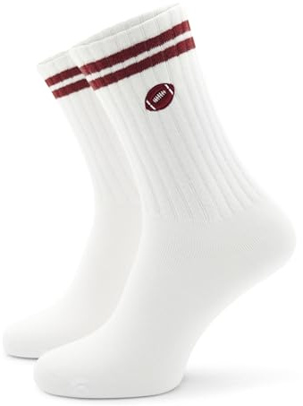 40YARDS American Football Crew Socken Stick (Motiv: Football) - Weiße Tennissocken mit 2 Streifen & gesticktem American Football – One Size (Einheitsgröße: 37-46) – Geschenk für Football Fans