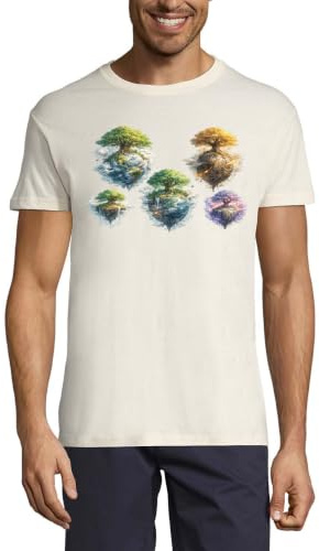 Flytande öar med frodiga träd och vattenfall rund hals bomull herr t-shirt naturlig