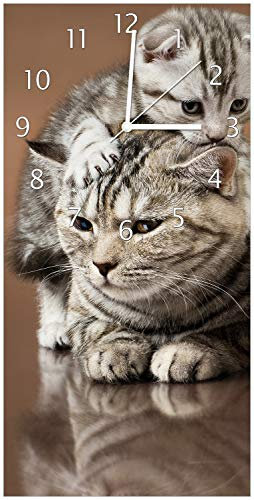 Wallario Design-Wanduhr, Acrylglasuhr Größe 30 x 60 cm, weiße Zeiger, Motiv Katzenfamilie