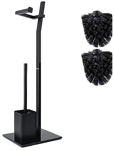 WC-Set – Schwarz – 22 x 18 x 70 cm – Toilettenpapierhalter und Toilettenbürste im Lieferumfang enthalten. – Edelstahl – Basis aus Glas – Plus: 1 + 2 Ersatzbürstenköpfe