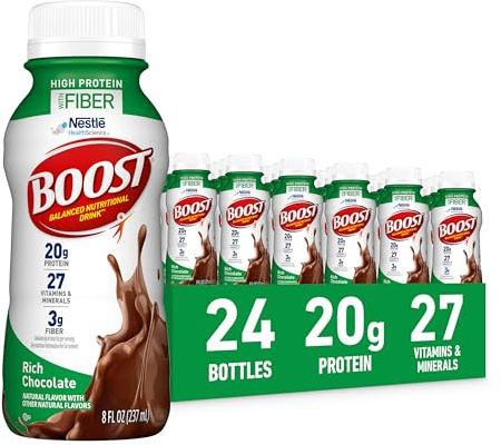 BOOST High Protein with Fiber Ready to Drink Complete Nutritional Drink, Rich Chocolate, 8 fl oz Bottle, 24 Pack