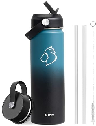 Insulated Water Bottle, BUZIO Stainless Steel Water Bottle with Straw 650 ml Double Walled Wide Mouth Sports Drink Flask with BPA Free Straw Lid and Flex Cap Cold for 48 Hrs, Indigo Black