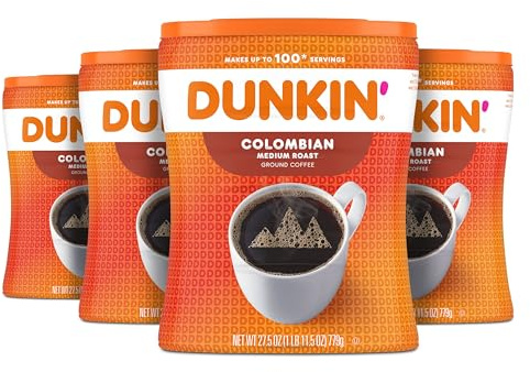 Dunkin’ Colombian Medium Roast Ground Coffee, 4 Canisters (27.5 Oz. Each)
