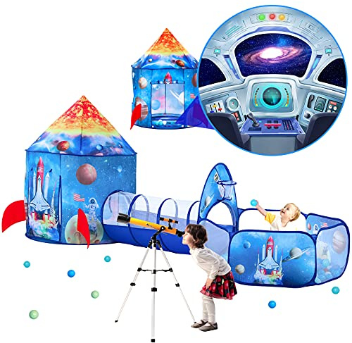 3PC Rocket Tent for Boys With Kids Ball Pit, Play Tents and Crawl Tunnel for Toddlers, Large Playhouse Toys for Baby Indoor & Outdoor Games, Birthday Kid's Gifts