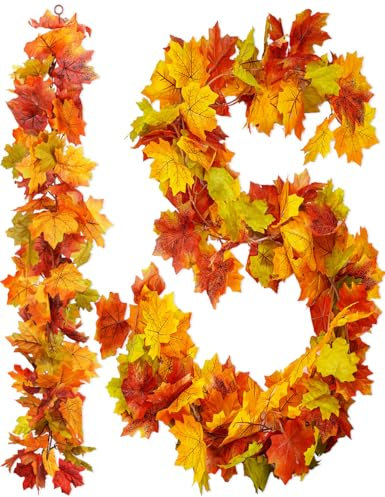 2 Pack Artificial Autumn Maple Leaves Vines Decorations, 5.9Ft/Piece Fall Leaf Garland Hanging Plant with Hooks, Thanksgiving Halloween Decor for House Garden Wall Doorway Fireplace Autumn Decoration