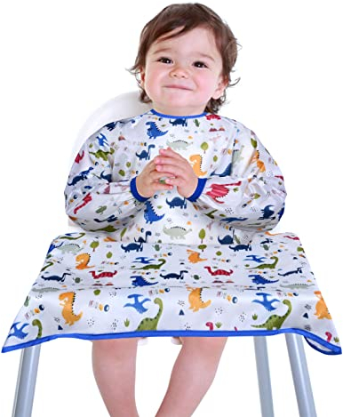 Vicloon Lätzchen mit Ärmeln Baby Ärmellätzchen Befestigt Sich an Ihrem Hochstuhl, Baby Lätzchen mit Ärmeln Wasserdicht für Jungen Mädchen Kleinkind Fütterung Lätzchen Schürze-Dinosaurier