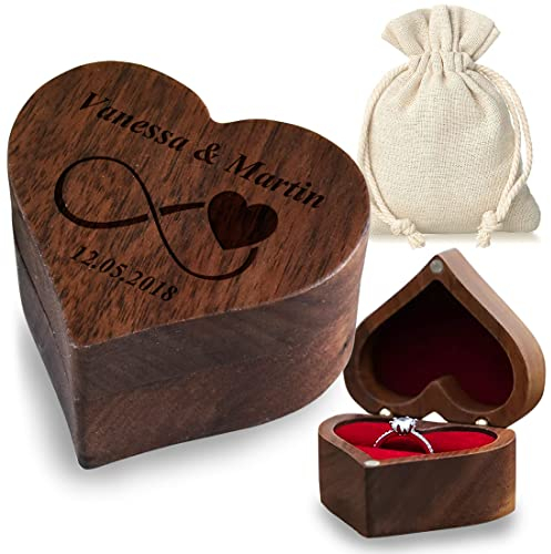 Ringkästchen rotes Ringkissen mit personalisierter Wunsch-Gravur - Motiv: Unendlichkeit - Herzform - Geschenkbeutel - Walnussholz Schmuck-Etui - Hochzeitsgeschenk - Paare, Ehepaar - Mann & Frau