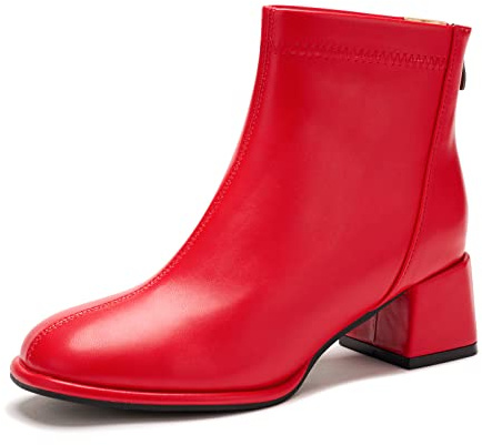 Poorevill Womens Ankle Boots Block Mid High Heel Zippers Ladies Round Toe Casual Party Shoes Booties YA Red Tag 42- UK 8