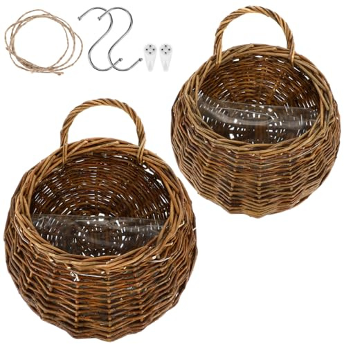 Yardwe Wicker Planter Wall Hanging Flower Pot Set - Rattan Hanging Basket for Indoor Outdoor Garden Decor 2 Pieces 4.7X10.5X4.7 Inches