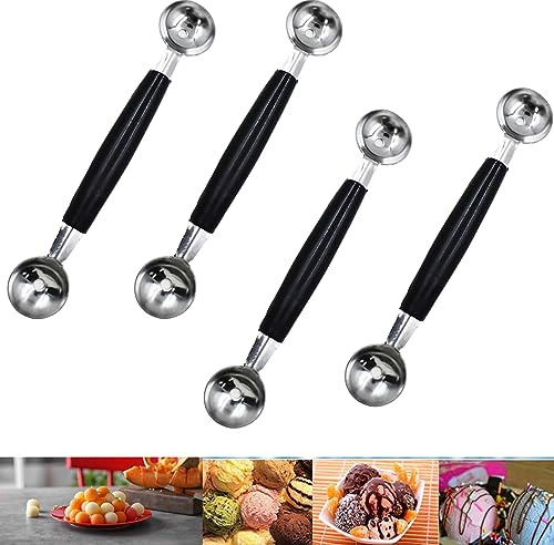 4 Pack Double Ended Headed Fruit Icecream Ball Spoon,430 Stainless Steel Melon Baller,Smooth Round Melon Balls Melon Scoop for Watermelon/Ice Cream/Fruits/Sorbet/Meatball