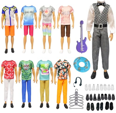 Lot de 23 vêtements de poupée compatibles avec Ken Les vêtements, vêtements pour poupées garçons, 1 Grille, Costume 4 vêtements, 4 Pantalons, 5 Paires de Chaussures, 5 étagères à vêtements, 3