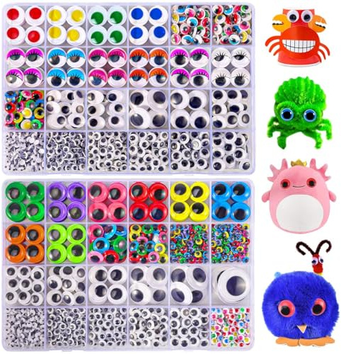 WIURGOHA 2 500 st Googly Eyes, 48 stilar, googly-ögon, självhäftande för hantverk, flera färger och storlekar, perukögon för gör-det-själv konstprojekt hantverksmaterial