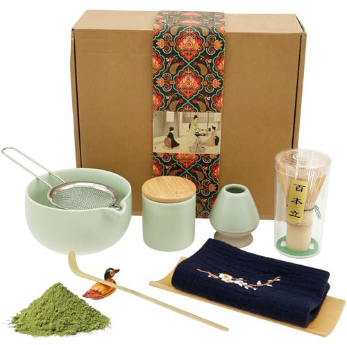 Matcha Set,9 Stück Matcha Schneebesen Set,Matcha Tee set mit Teelöffel,Besenhalter,Löffelhalter,Matcha Schale,Teetuch,Sieb,Matcha Pulverdose,Japanisches Zubehör für die Matcha-Zeremonie (9 Hellgrün)