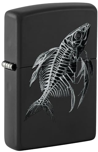 Zippo Briquet tempête Fish Skeleton, Squelette de Poisson, Noir Mat, Image Couleur, Rechargeable, réutilisable, Design Coupe-Vent, boîte Cadeau, fabriqué aux États-Unis