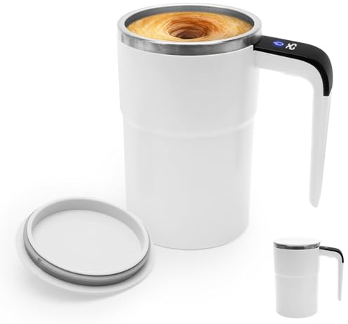 Tutamaz 380 ml automatisk kopp, med handtag, lock och temperaturindikator, uppladdningsbar smart kaffekopp, för sojamjölkkaffe, varm choklad (vit)