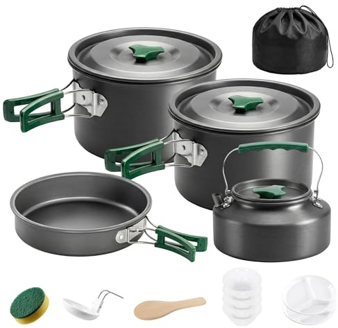 Outsunny Set di Pentole da Campeggio per 4-5 Persone, Leggero Kit da Cucina in Alluminio con Manici Anti-Scottatura, Pentole e Padelle Portatili per Escursionismo, Campeggio e Picnic, Grigio