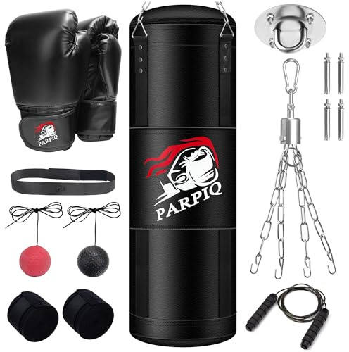 120 cm hängande boxningssäck i PU-läder för vuxna | Inkluderar boxningshandskar, handledsband, hopprep och reaktionsboll | Perfekt för MMA, kickboxning och muay tha