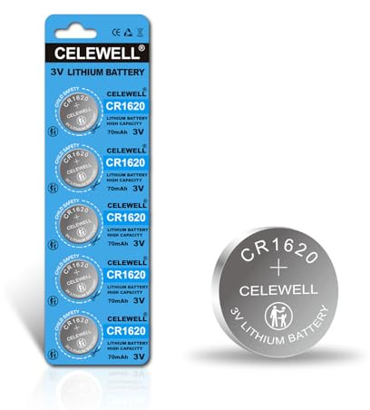 CELEWELL CR1620 5 Pack for Key Fob Tracker 70mAh 3V Lithium Battery 【5-Year Warranty】