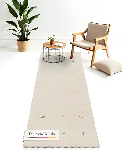 carpetfine Wollteppich Gabbeh Uni Läufer Weiß 75x200 cm | Moderner Teppich für Wohn- und Schlafzimmer