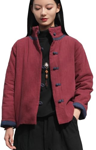 LUZU JUNU Manteau court en coton Ramie pour femme, style chinois, veste matelassée légère avec poches, rouge vin, taille unique