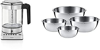 WMF Küchenminis 2 in 1 Vario Wasserkocher mit Temperatureinstellung, 1,0l, 1900 W, Teekocher Glas mit Teebeutelhalter & Gourmet Schüsselset 4-teilig, Edelstahl Schüsseln für die Küche 0,75l - 2,75l