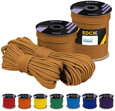EdcX 4 mm Poli Paracord 550 (15, 30, 50, 100 y 300 m) - Tipo III, Cuerda 100% Nailon, Cuerda de 7 hebras, Cuerda de Nailon de 4 mm (Caramel, 15 m)