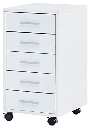 möbelando Rollcontainer Weiß 33 x 63 x 38 cm Holz Schubladenschrank Schreibtisch | Büro Schrank mit 5 Schubladen | Container Rollschrank klein Standcontainer schmal | Schreibtischcontainer mit Rollen