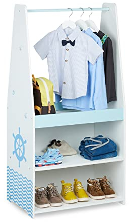 Relaxdays Kleiderständer Kinder, HxBxT: 120 x 60 x 40 cm, Kleiderstange, 3 Fächer, Garderobe Kinderzimmer, blau/weiß