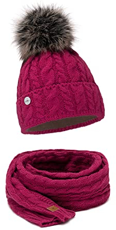 ELIMELI® Mütze Schal Damen Winter Kombi Set - warme Strickmütze Wintermütze mit Bommel und EIN passender Schal - Slouch Strick Beanie Bommelmütze (Fuchsia - Set mit Schal)