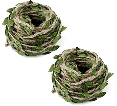 GEBAUM Juteschnur mit Blatt - 2 Rollen Künstliche Blatt Blätter Rebe, 20m Grünes Blatt Draht Rattan Dekoration für DIY Kopfbedeckungen, Taschen, Girlande, Hochzeit Party