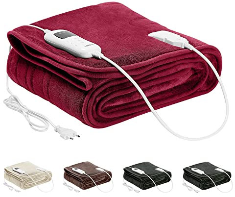Arebos Heizdecke aus Plüsch 160 x 120 cm | elektrische Wärmedecke mit Abschaltautomatik | maschinenwaschbar | Timer, Überhitzungsschutz, Vorheizfunktion | 9 Heizstufen | Bordeaux