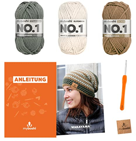 myboshi Häkelset Beanie Wakayama, Häkelset für Anfänger, inkl. No.1 Wolle, Nadel und Anleitung, Label, Häkelpaket für Anfänger, 30% Merinowolle Ocker mit Häkelnadel