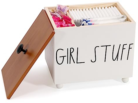 Eniffbaa Tampon Holder for Bathroom, Real Wood Pad Tampon Storage Box with Divider, Rustic Bathroom Storage Bin with Lid, Feminine Products Storage, Bathroom Decor Gift for Girl