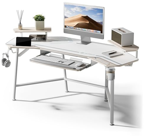 EUREKA ERGONOMIC Aero 72 Inch Gaming Desk with Keyboard Tray, Large Computer Desk Led Lights, Wing-Shaped Monitor Stand Dual Headphone Hanger Cup Holder for Studio,Streamer,Live,Maple