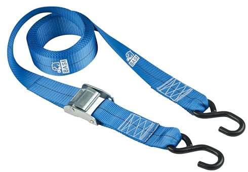BASI | Set di 2 cinghie di tensione con chiusura a morsetto e gancio a S | fino a 125 KG | Cinghie di fissaggio in blu | Lunghezza 200 cm x Larghezza 2,5 cm | Cinghia di fissaggio | Testato TÜV |