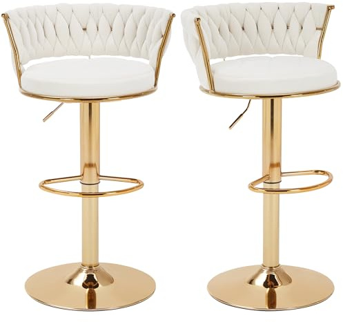 VECELO Bar Stools Set of 2, Adjustable Barstools Counter Height Stools with Back and Arm, Velvet Woven Kitchen Island Stools w/Gold Metal Leg & Base, 360° Swivel Bar Chair for Pubs Dining Room, White