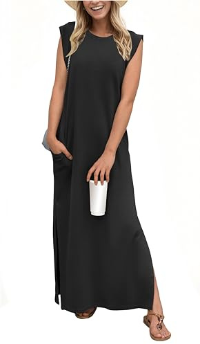 GRECERELLE Women's Summer Casual Crew Neck Split Beach Long Maxi Dress with Pockets (XX-Large, Black)