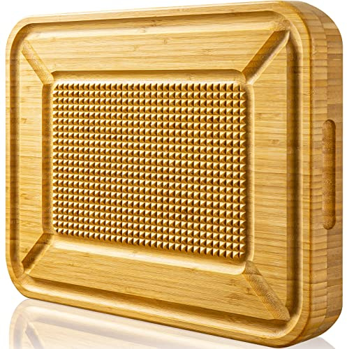Turkey Carving Board, Heavy Duty Meat Cutting Board for Thanksgiving Bamboo Wood Butcher Block Brisket Cutting Boards with Juice Groove, Pyramid Spikes Stabilizes Steak or Turkey While Carving