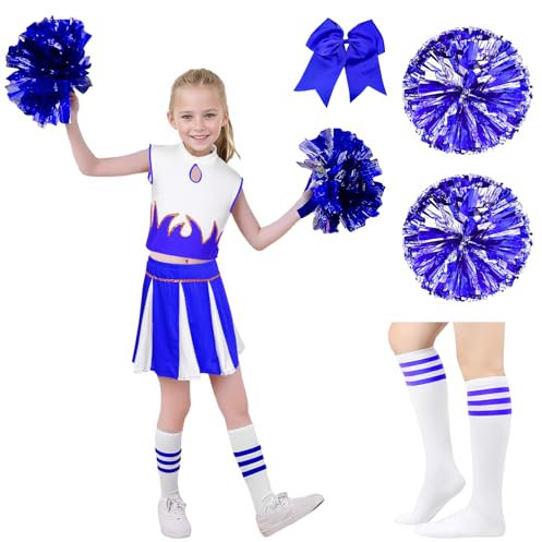 HarnyLoom Cheerleader Kostüm Kinder Mädchen Cheerleading Outfit Pompoms Uniform High School Musical Kostüm Kleid Socken Schleife Karneval Partys Cosplay Faschingskostüme Mottoparty (Blau, 160)