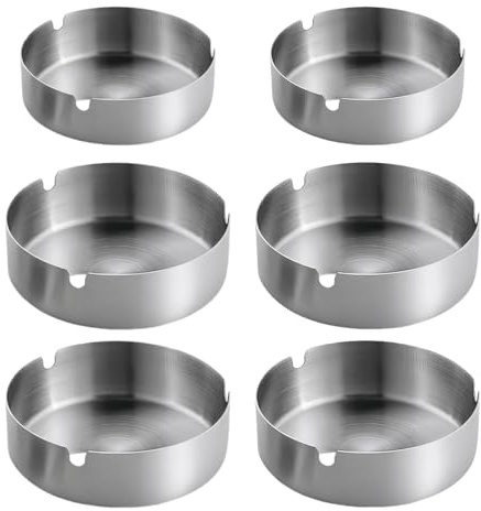 6 PCS Ashtray Set Round Stainless Steel Ash Trays, Metal Ashtrays for Home and Outdoor Use Portable Cigarette Ashtrays, for Bars Office Restaurant or Outdoor, Silver