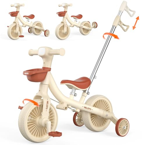 WELSPO Triciclo Niño 5 en 1 con Manillar Empuje, Bicicleta sin Pedales, Bicicleta de Equilibrio para Bebés 2 Años, con Pedales y Ruedas Extraíbles, para Niños y Niñas 2 3 4 5 Años